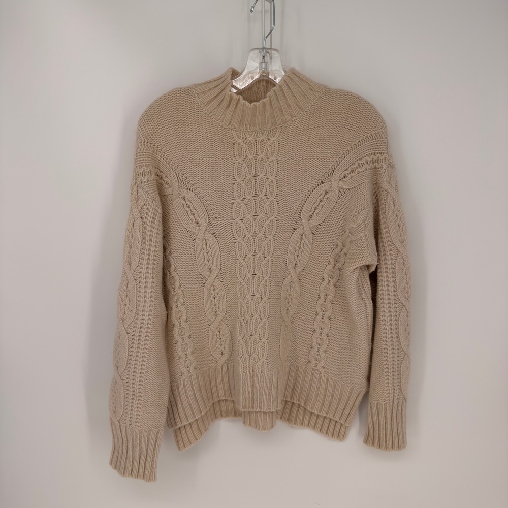 Tahari Sweater Womens Large Beige Cable Knit Wool Blend Mock Neck Oversized Cozy